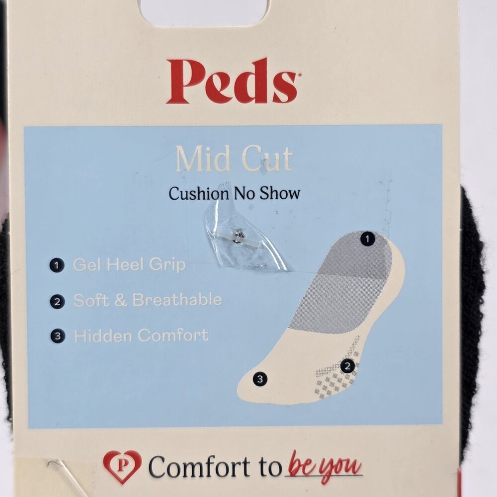 PEDS Black Size 5-10 Mid Cut Cushion No-Show Heal grip Liner Socks-2 Pack 6 pair - Picture 5 of 6